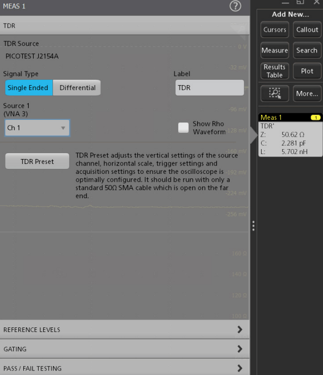 TDR software setup showing single-ended and differential measurement options