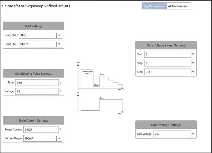 Screenshot showing configure view of the sic-mosfet-vth-vgsweep-vdfixed-smu test.