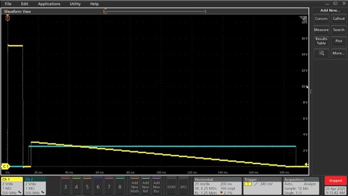 Screenshot of oscilloscope Capture of sic-mosfet-vth-vgsweep-vdfixed-smu test.