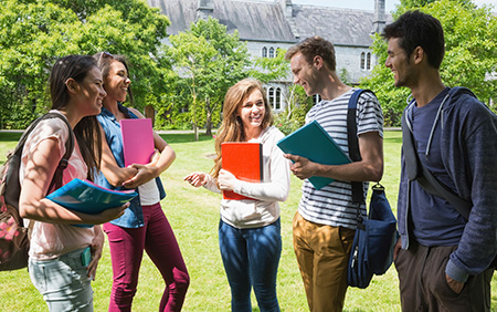 Happy students chatting together outside careers-at-tektronix