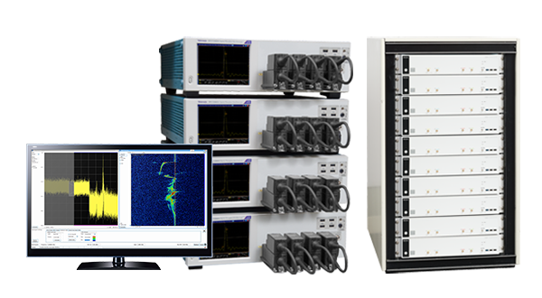 Side-by-side image of the Tektronix DPO70000SX and the 6 Series low profile digitizers in a rack mount configuration. Next to the racks is a monitor showing a PDV measurement on the screen.