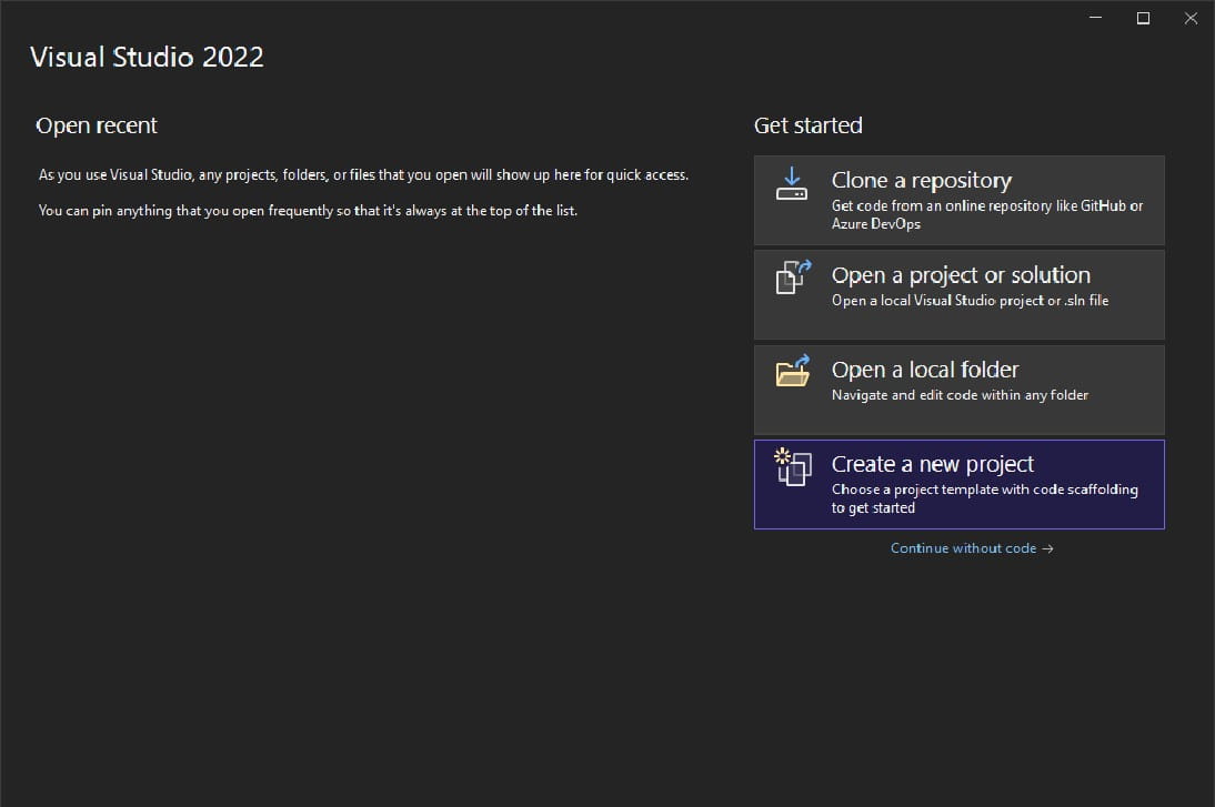 The Visual Studio Getting Started screen. 