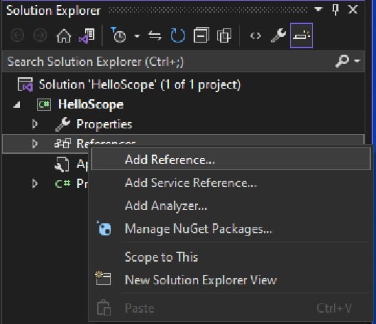 Add a reference to VISA by right-click References in the Solution Explorer and selet Add Reference.