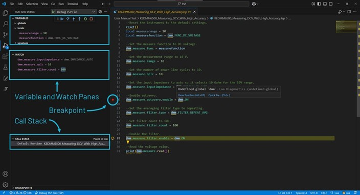 Screen grab of TSP Toolkit Debugger highlighting variable and watch panes, breakpoint marker, and call stack