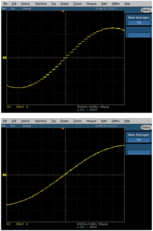 (Top) Low vertical resolution; (Bottom) High vertical resolution. Vertical resolution defines the amplitude accuracy of the reproduced waveform.