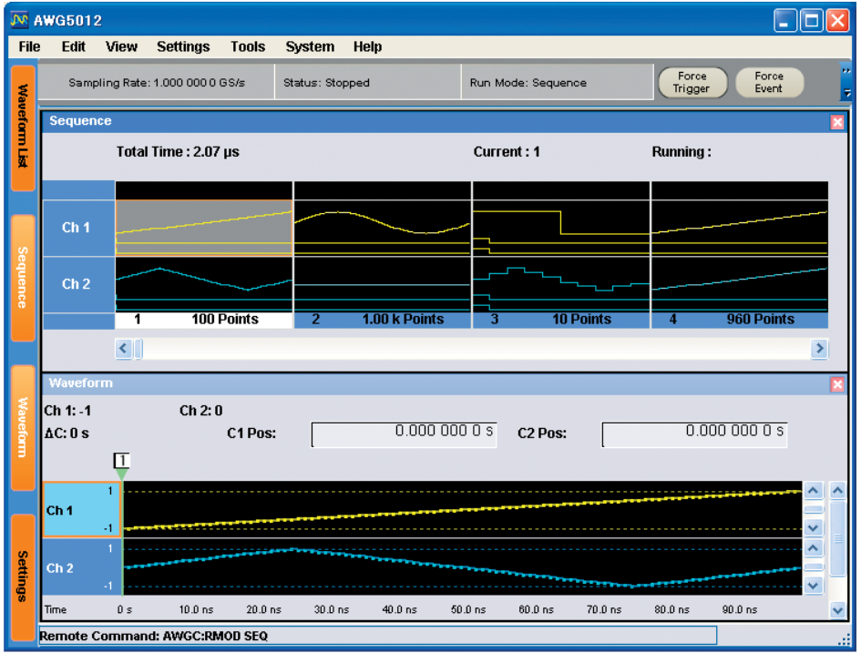 The Graphic editor and Sequence editor are combined for flexible waveform creation.