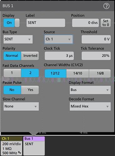 Setup for SENT decoding and triggering on oscilloscope