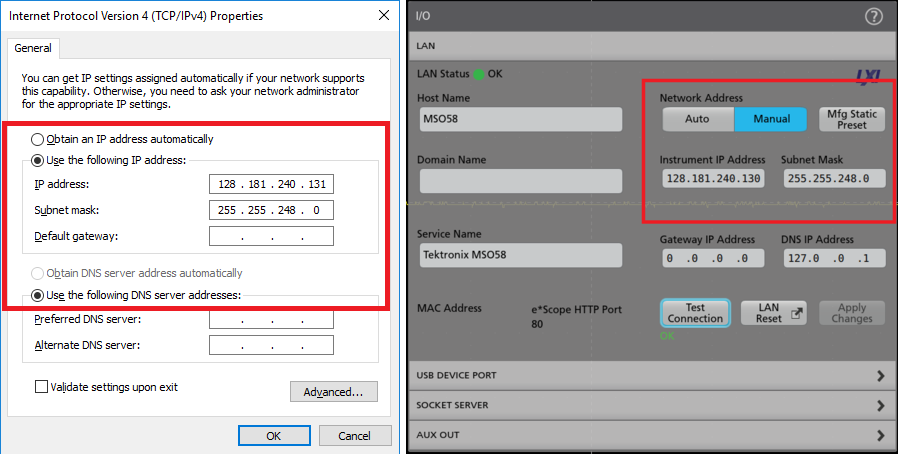 PC IP setup (left) and MSO IP setup (right)