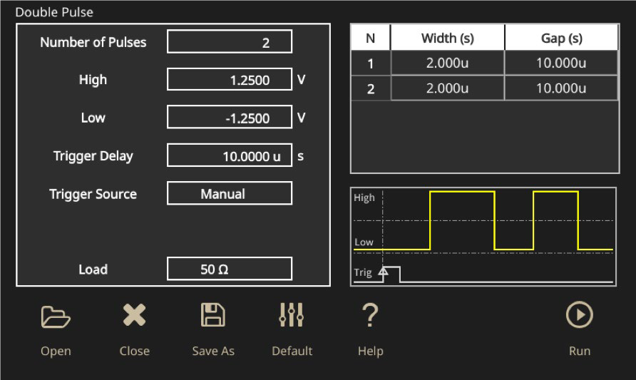 Double Pulse Test set up screen on the AFG31000 arbitrary function generator