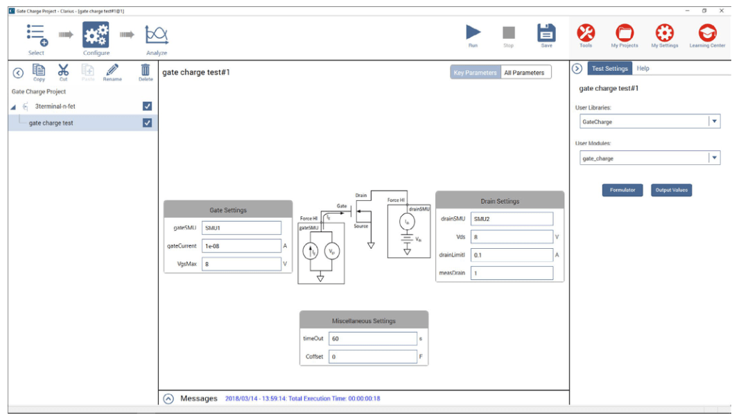 Setting up a MOSFET gate charge test in the configuration view of the Keithley Clarius software